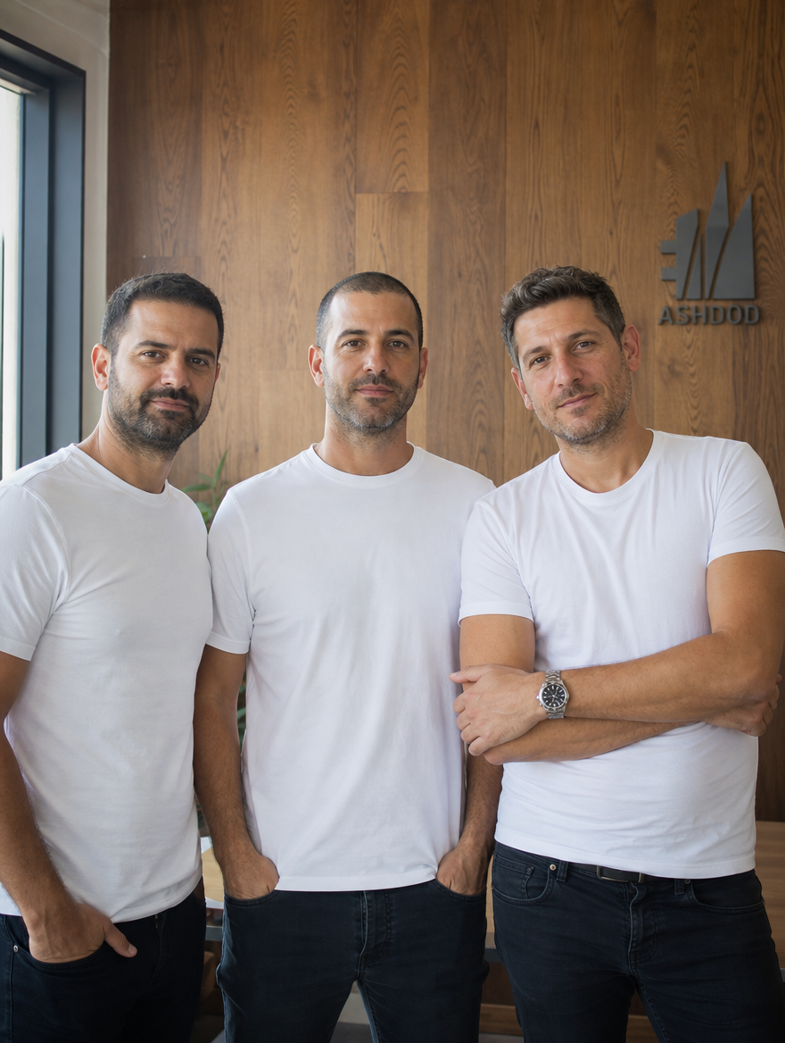 Kontrol founders portrait — three Israeli founders shoulder-to-shoulder in front of a wood-clad office wall in Ashdod, plain white tees, natural daylight, calm confident expressions. Anti-stock, working-photographer feel. Notebook crops to 4/5.