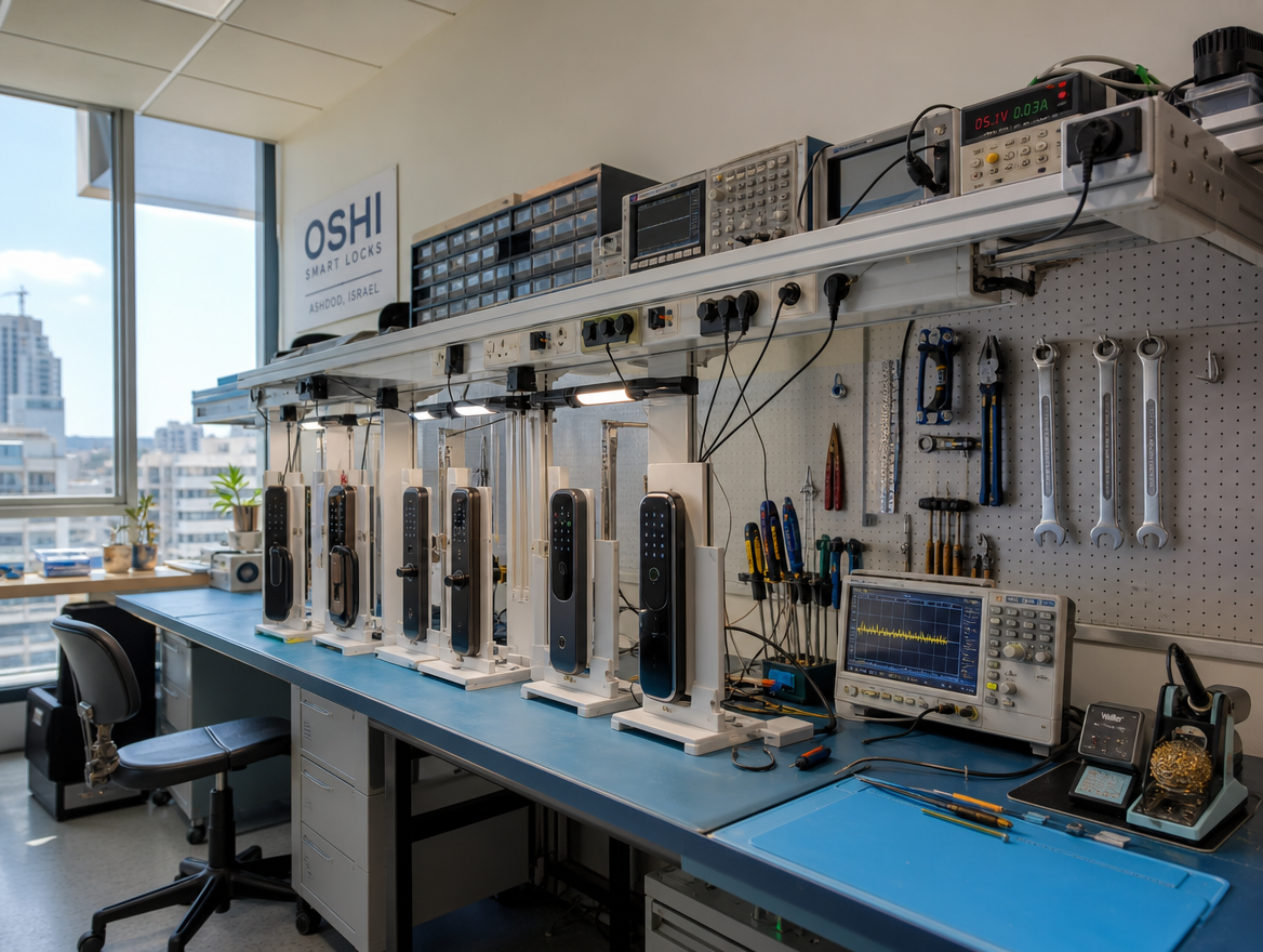 Wide photo of the Kontrol lab bench in Ashdod — locks lined up under test, oscilloscope, pegboard with tools, working-shop feel. Documentary lighting.