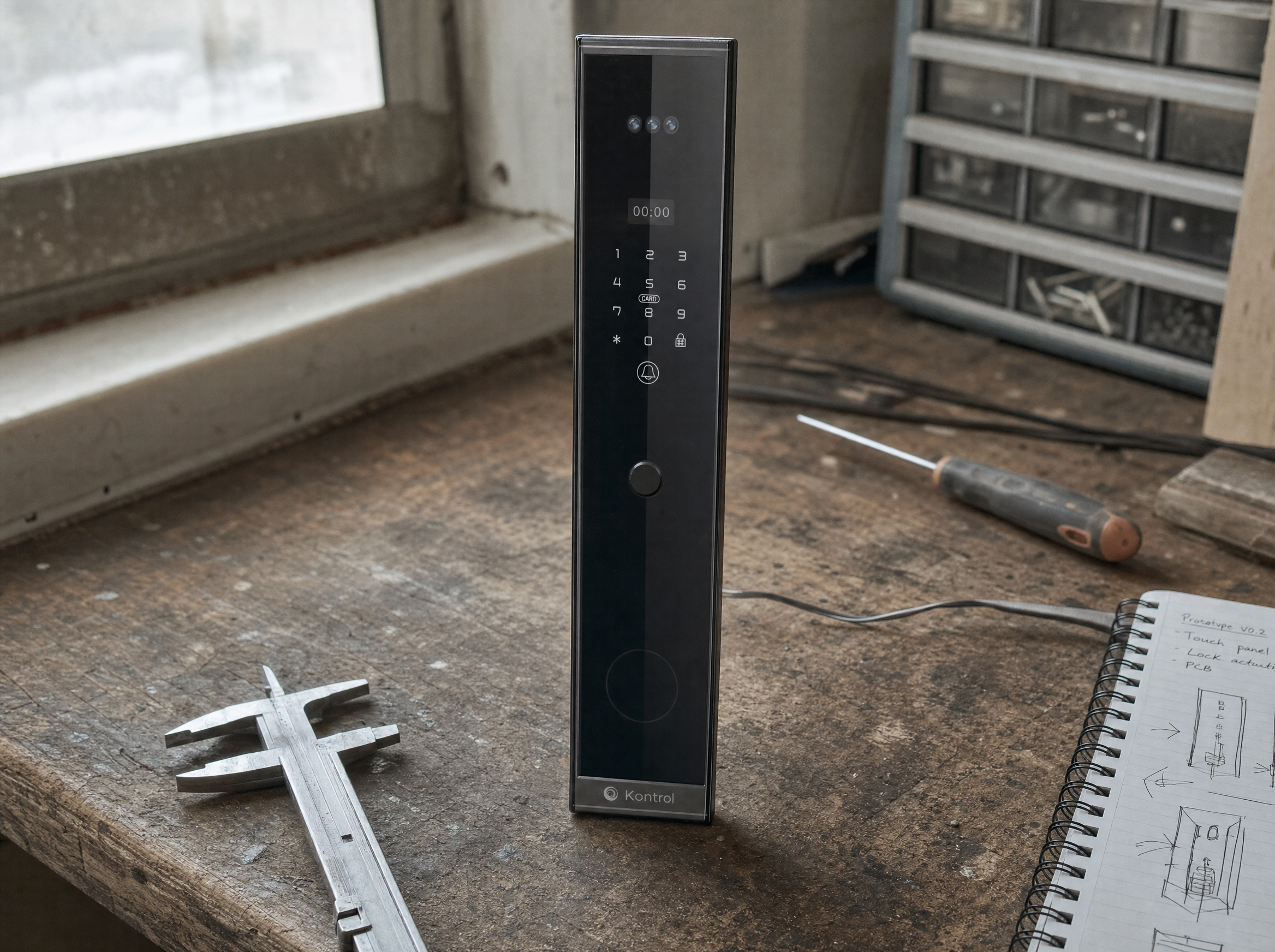 Early Kontrol smart-lock prototype on a wooden test-bench, calipers and screwdriver next to it. Workshop natural light, slightly grainy. Documentary lab feel.