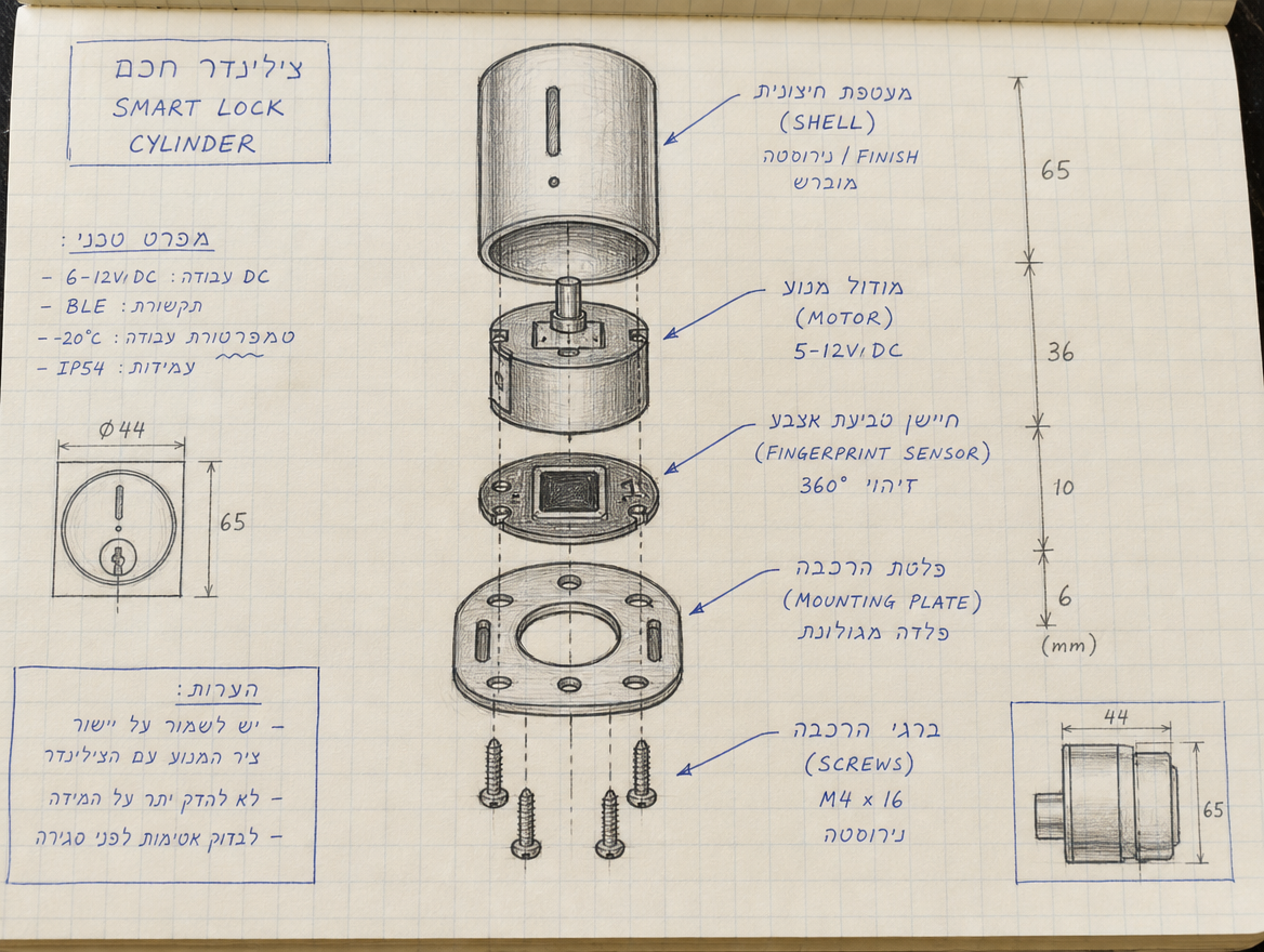 Hand-drawn engineering sketch — exploded view of the Kontrol ZERO lock cylinder, components labeled in Hebrew/English mix on graph paper. Pencil + blue ballpoint, photographed flat.