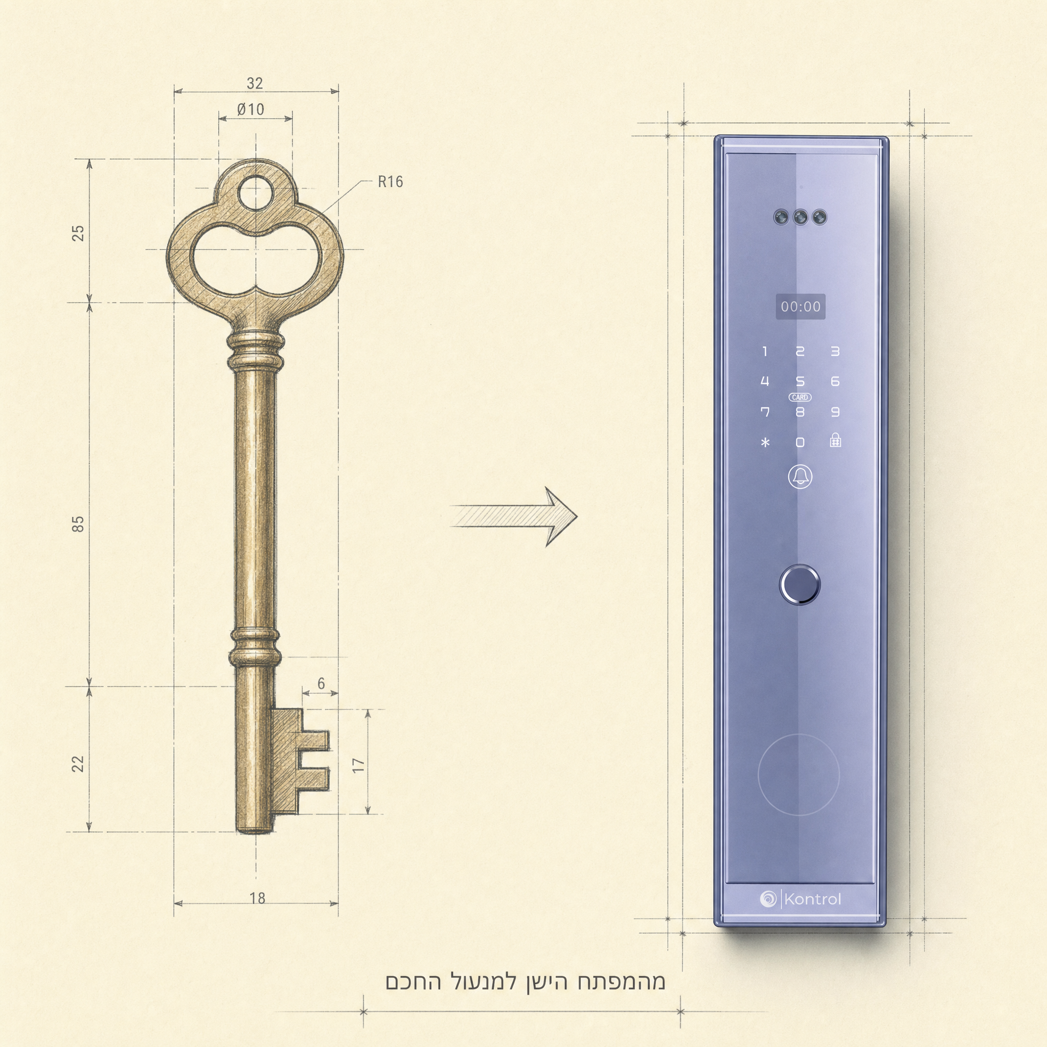 Architectural illustration: an old brass apartment-building master key drawn in fine blueprint linework on the left, transitioning into a periwinkle 3D Kontrol ZERO smart lock on the right — visual story of replacing the building's physical key. Crisp technical aesthetic with sketched arrow between them.