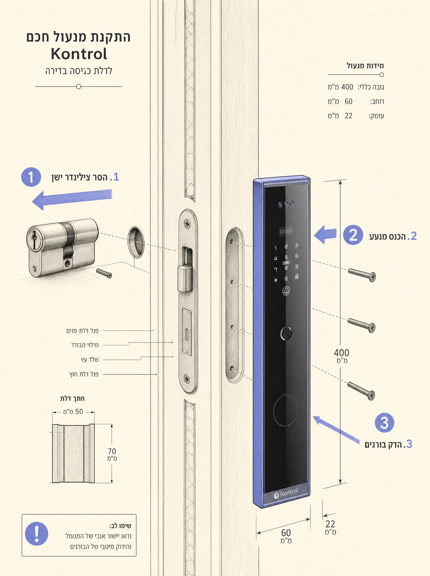 Architectural exploded-view illustration of the Kontrol ZERO lock cylinder being installed in a lobby door — shows the existing Israeli apartment-door cross-section, the brass cylinder being removed, the periwinkle Kontrol ZERO sliding into place. Technical-drawing aesthetic with arrow callouts and mono dimensional notes.