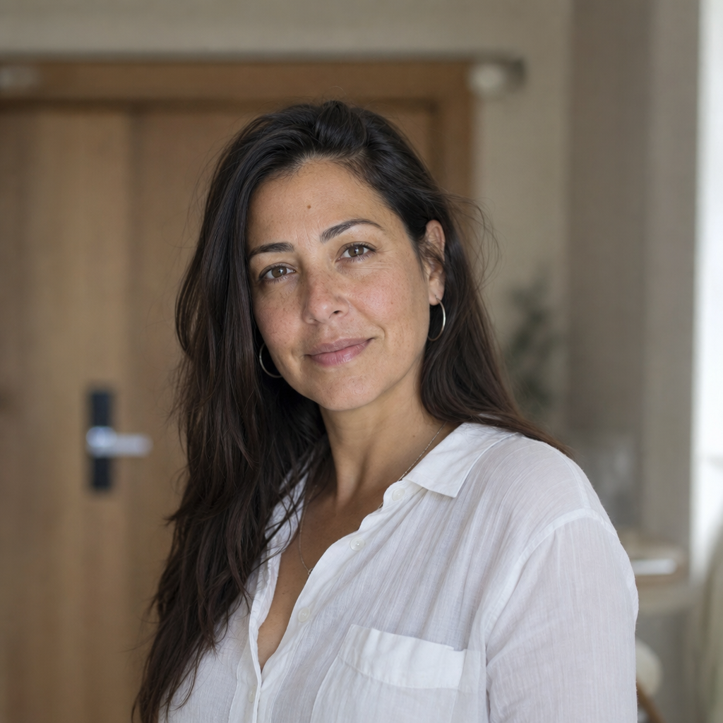 Portrait of an Israeli vacation-rental host (woman or man, age 35-55) — warm, candid headshot, slight smile, soft natural light, in front of a wooden door or apartment lobby. Should match the kind of person leaving the featured Google review.
