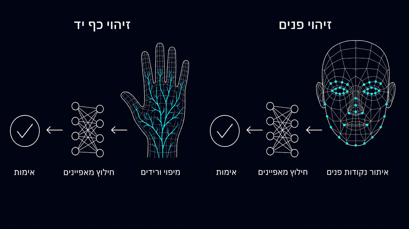 דיאגרמת זיהוי ביומטרי בעברית — צינור זיהוי פנים וצינור זיהוי כף יד מקבילים