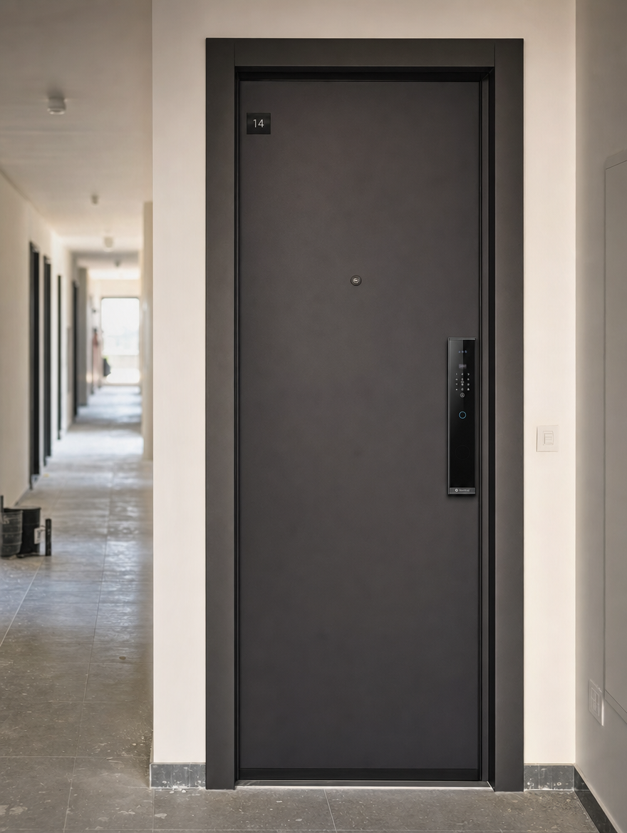 Photo: Israeli new-build construction site, end of finishing stage. A row of 4-6 freshly hung apartment doors with the Kontrol ZERO lock visible at handle height. Daytime, plaster dust, scaffolding in soft background, quiet — between work shifts. Wide shot.