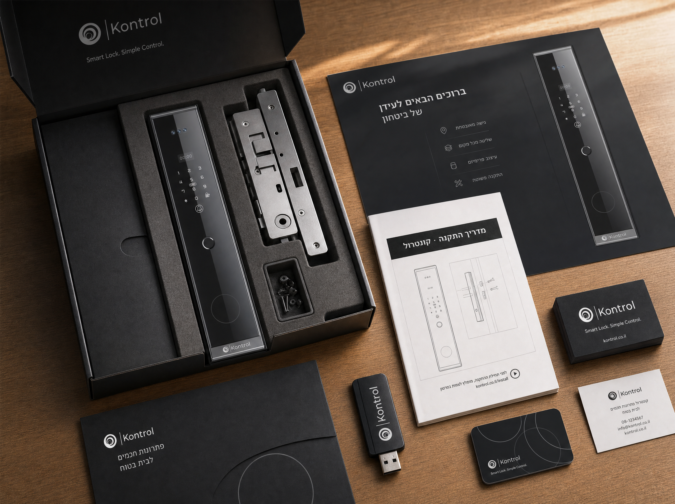 Photo / flat-lay: a contractor's desk with the Kontrol Builder Kit spread out — sample lock unit, printed spec sheet, branded folder, technical drawings on grid paper, and a pen. Daylight. Top-down camera, clean composition, no people.