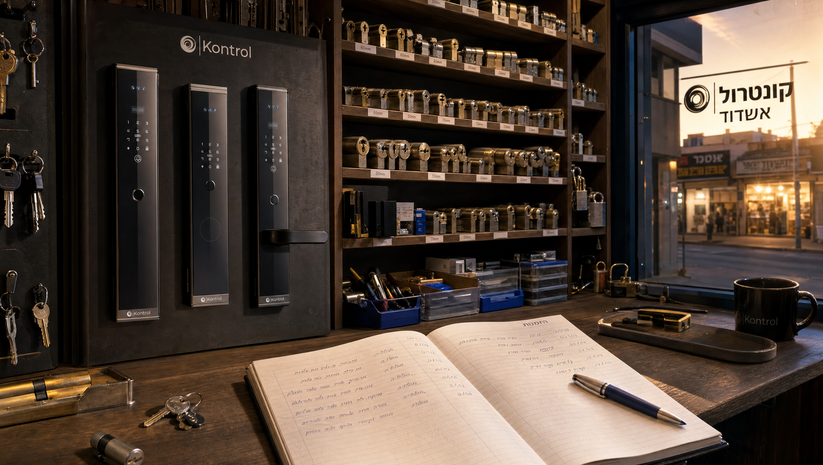 Editorial flat-lay illustration of a locksmith's bench: cylinder profiles, picks, a Kontrol ZERO unit, a power drill, brass keys, ledger book — overhead shot in warm tones. Hand-drawn / etched feel.