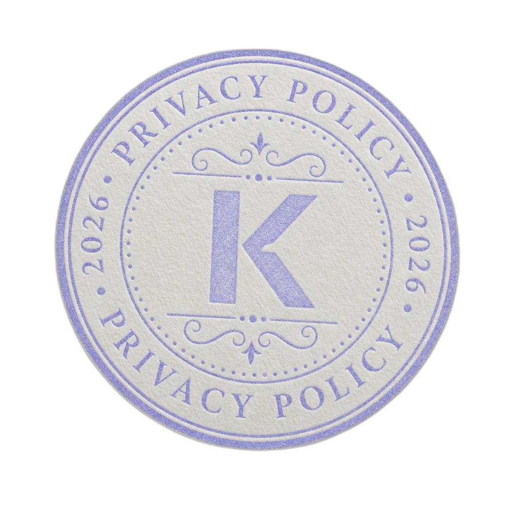 Decorative legal-document seal — embossed paper-effect circle with subtle Kontrol mark, periwinkle ink-stamp aesthetic. English-only ornamentation, no Hebrew text. Sits like a notary stamp.