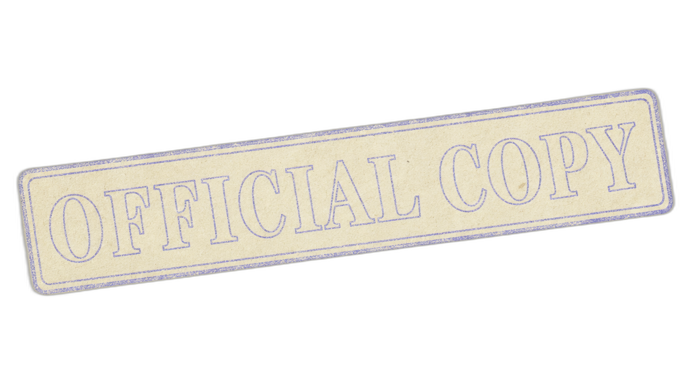 Decorative 'OFFICIAL COPY' end-of-document mark — like a watermark or end-stamp on a legal document. Periwinkle outline, no fill, English-only text.