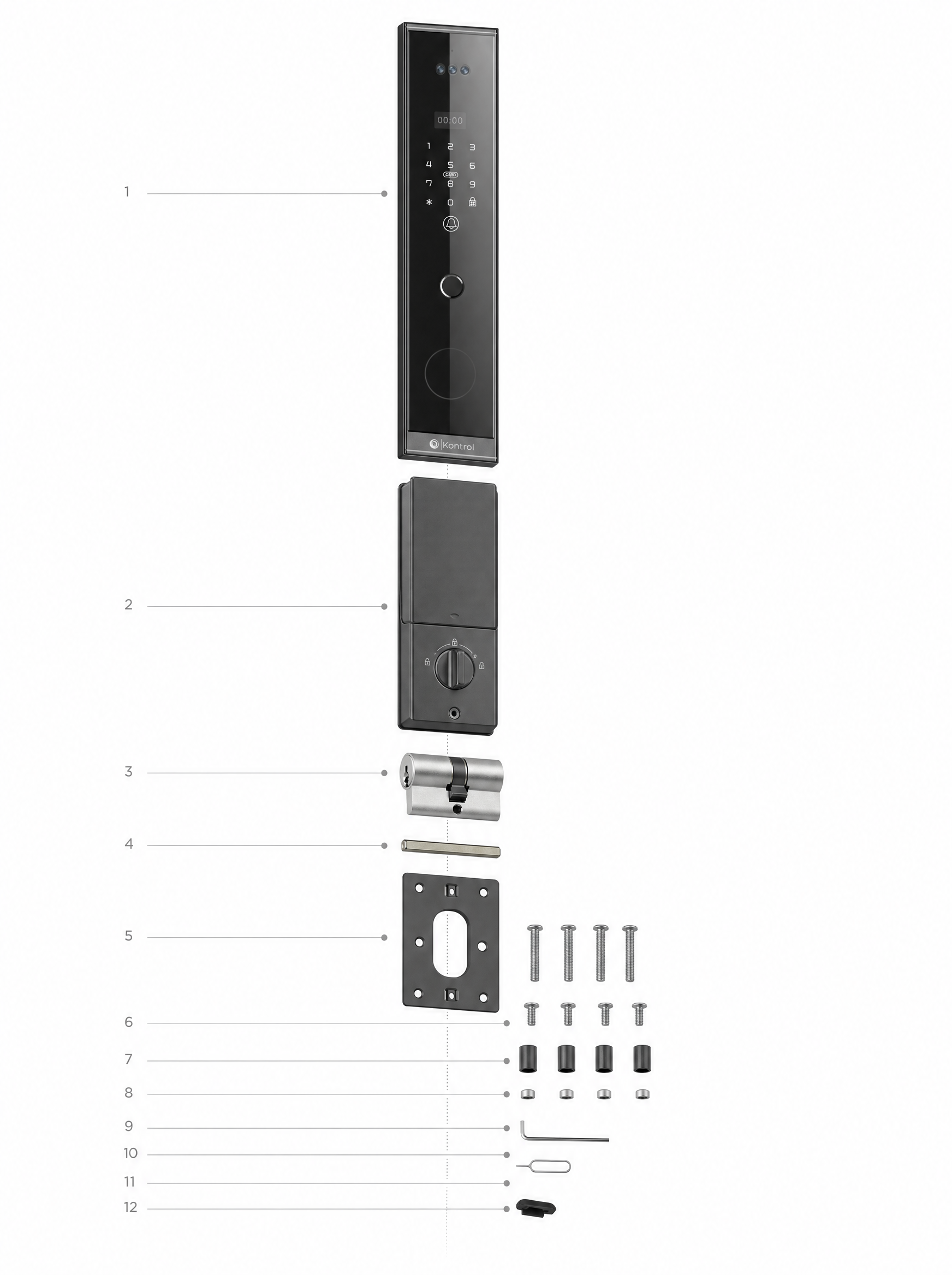 Architectural elevation illustration of a service-bay annex inside the showroom — clean tool wall with a periwinkle Kontrol toolbox, a workbench, the lock cylinder mid-install on a sample door. Blueprint aesthetic with mono dimensional callouts.