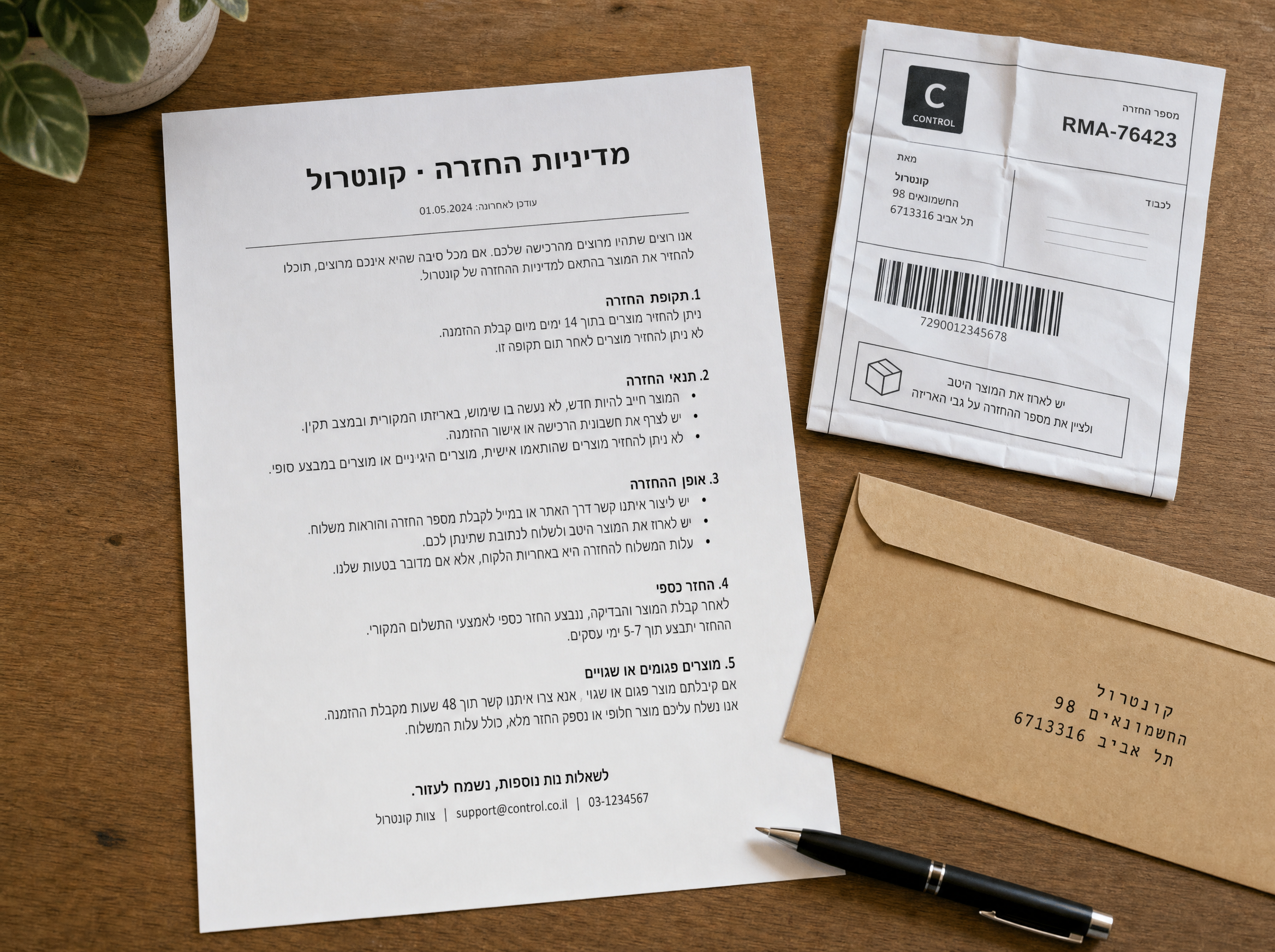 Side-by-side flat illustration: left card titled RETURNS · 14 DAYS with a small box-and-arrow icon, right card titled WARRANTY · 2 YEARS with a shield icon. Periwinkle on dark, technical and clear, like a service-desk knowledge-base banner.