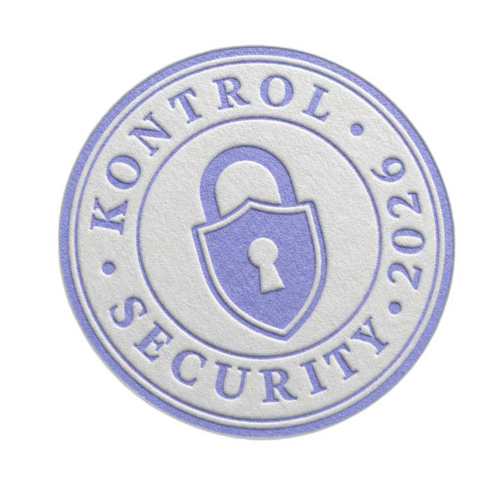 Decorative audit seal — embossed circular stamp with KONTROL · SECURITY · 2026 around the rim, periwinkle ink with a center mark (lock icon or scroll glyph). English-only ornamentation, no Hebrew. Embossed paper feel, slight rotation.