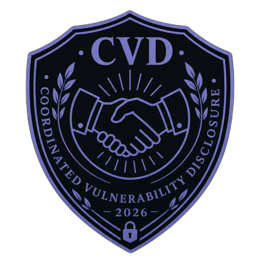 Decorative coordinated-vulnerability-disclosure badge — shield-shaped emblem with periwinkle ink. ENGLISH-ONLY: 'CVD · COORDINATED VULNERABILITY DISCLOSURE · 2026'. Looks like a security-community badge.