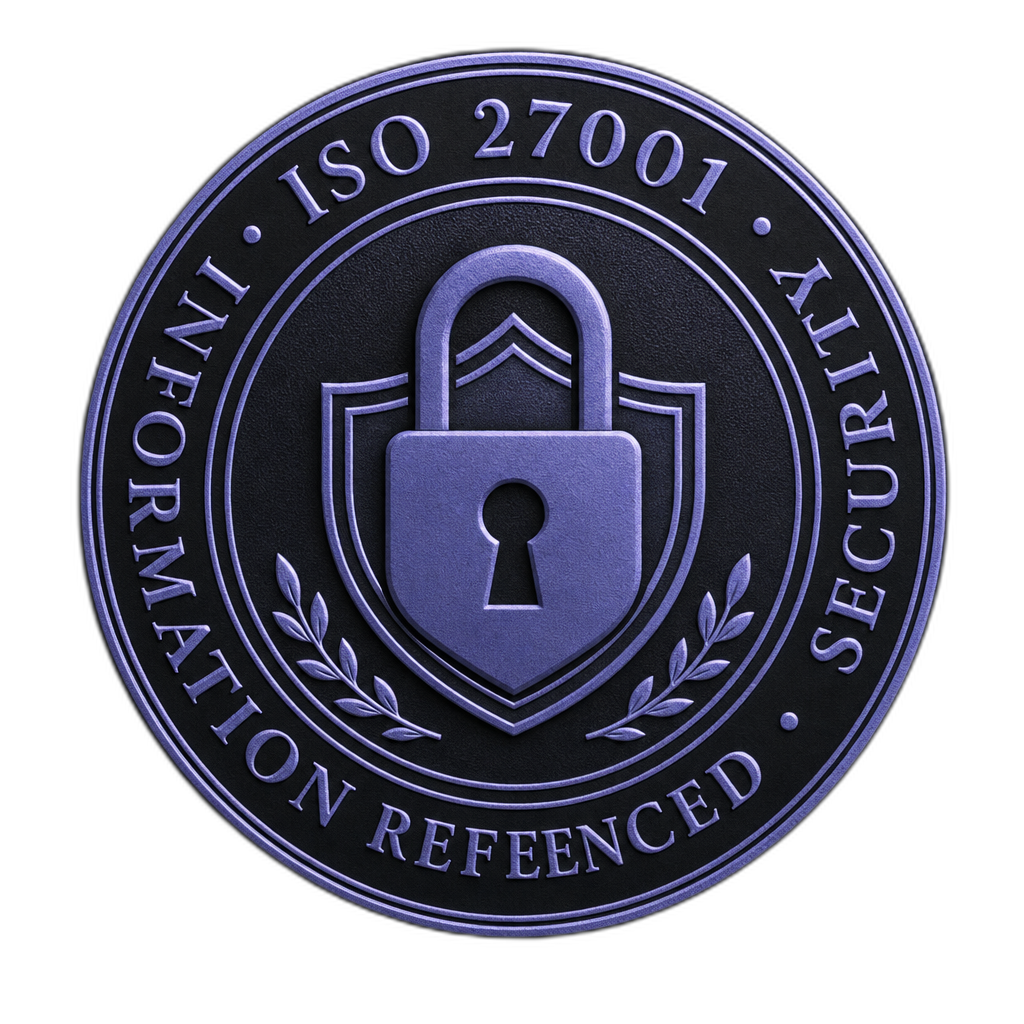 Decorative compliance badge — circular ISO 27001 reference badge styled like a published cert mark, periwinkle outline on dark canvas. ENGLISH-ONLY: 'ISO 27001 · INFORMATION SECURITY · REFERENCED'. Embossed/foiled feel.