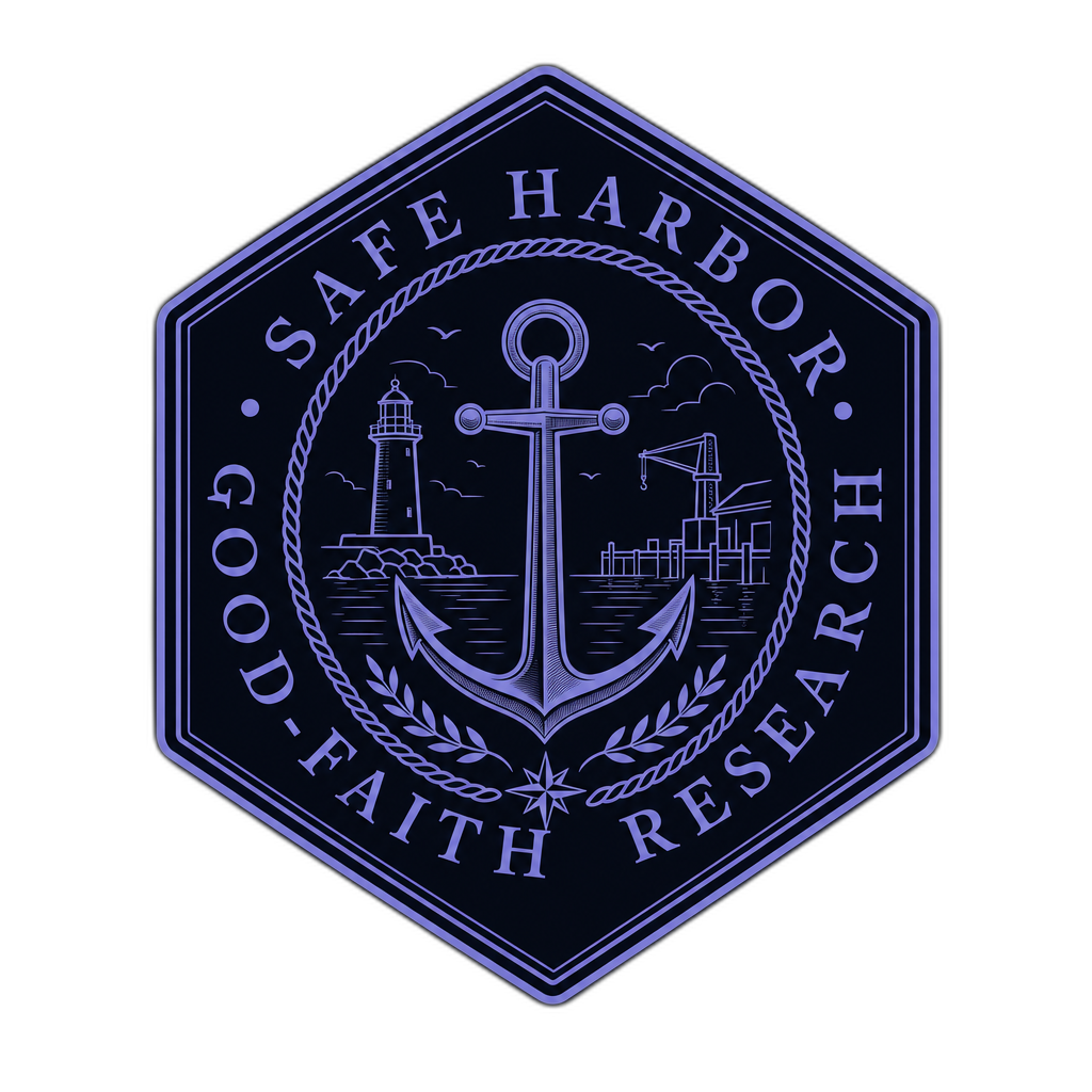 Decorative safe-harbor badge — hexagonal emblem with anchor/harbor glyph at center, periwinkle stroke. ENGLISH-ONLY: 'SAFE HARBOR · GOOD-FAITH RESEARCH'. Polished, official register.