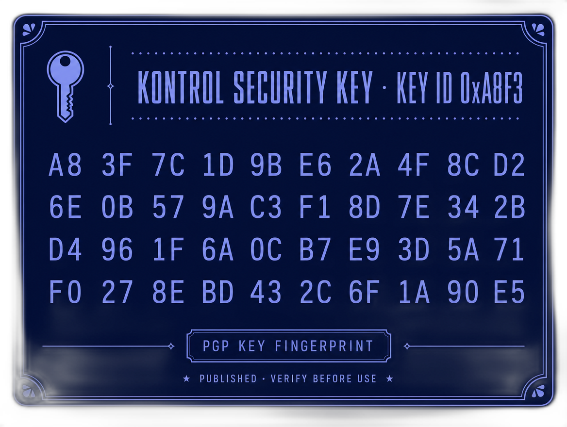 Decorative PGP fingerprint card — mock 40-char hex fingerprint laid out in a 4x10 monospace grid with a small KEY icon top-left, periwinkle on dark, ENGLISH-ONLY hex characters and labels. Looks like a published key fingerprint.