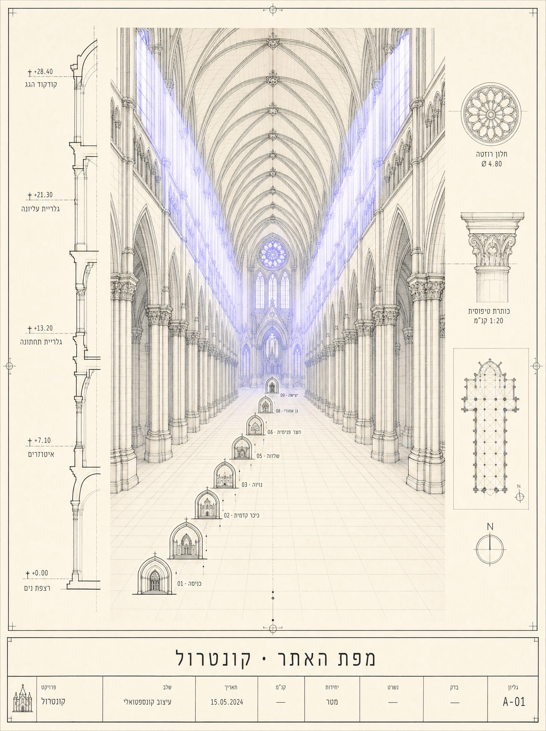 Small architectural illustration: a cathedral floor-plan from above, top-down ortho projection, periwinkle ink on cream. Each chapel zone numbered to match the Latin tags (Apse, Nave, Transept, Ambulatory, Crypt, Sacristy, Vestibule). Map-key feel.