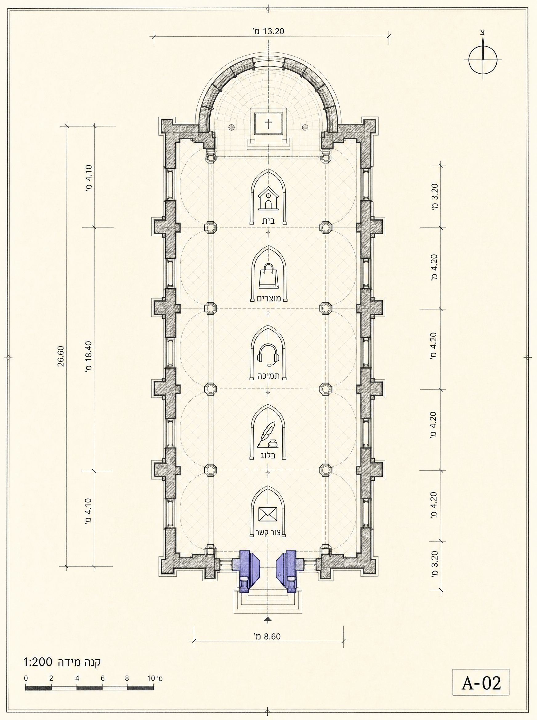 Tight architectural blueprint detail — graph-paper background with periwinkle ink, sketched detail of a single chapel column with measurement annotations and an XML-tag callout. Engineering-warm, not sterile.