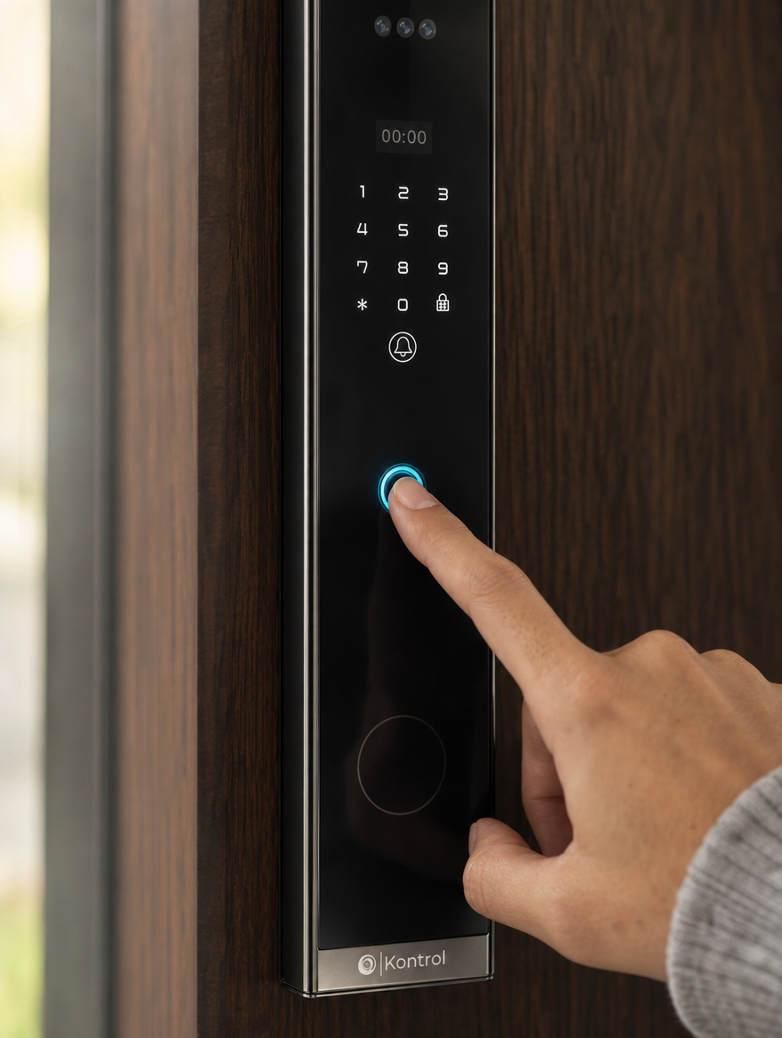Macro photo: close-up of a real human finger touching the cyan-glowing biometric sensor on a Kontrol ZERO smart lock installed on a wooden Israeli entry door. Soft natural daylight, hand visible from index finger to base, candid, no models posing. Real.