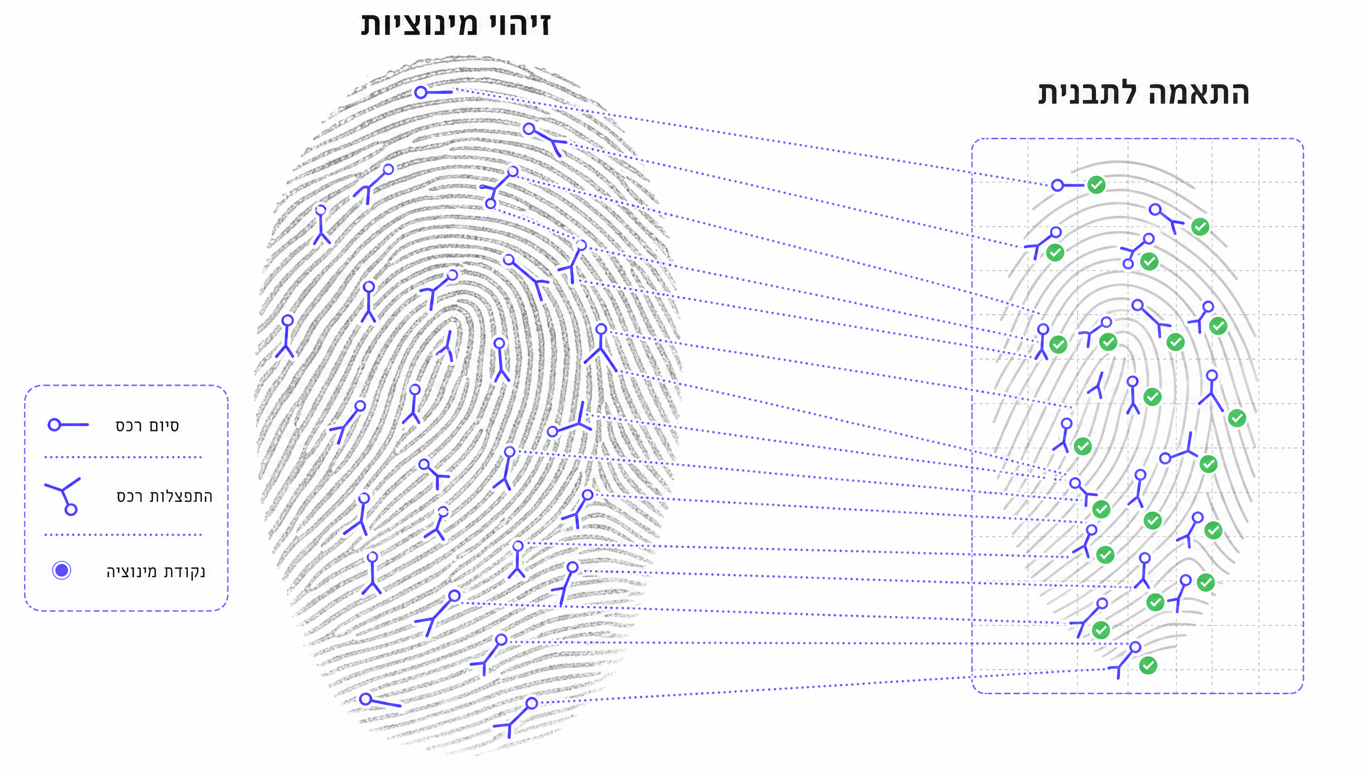 Technical illustration: a fingerprint with periwinkle vector points (minutiae) overlaid showing detected ridge endings + bifurcations, with dotted lines connecting matched points to a stored template grid. Schematic, dataviz aesthetic.