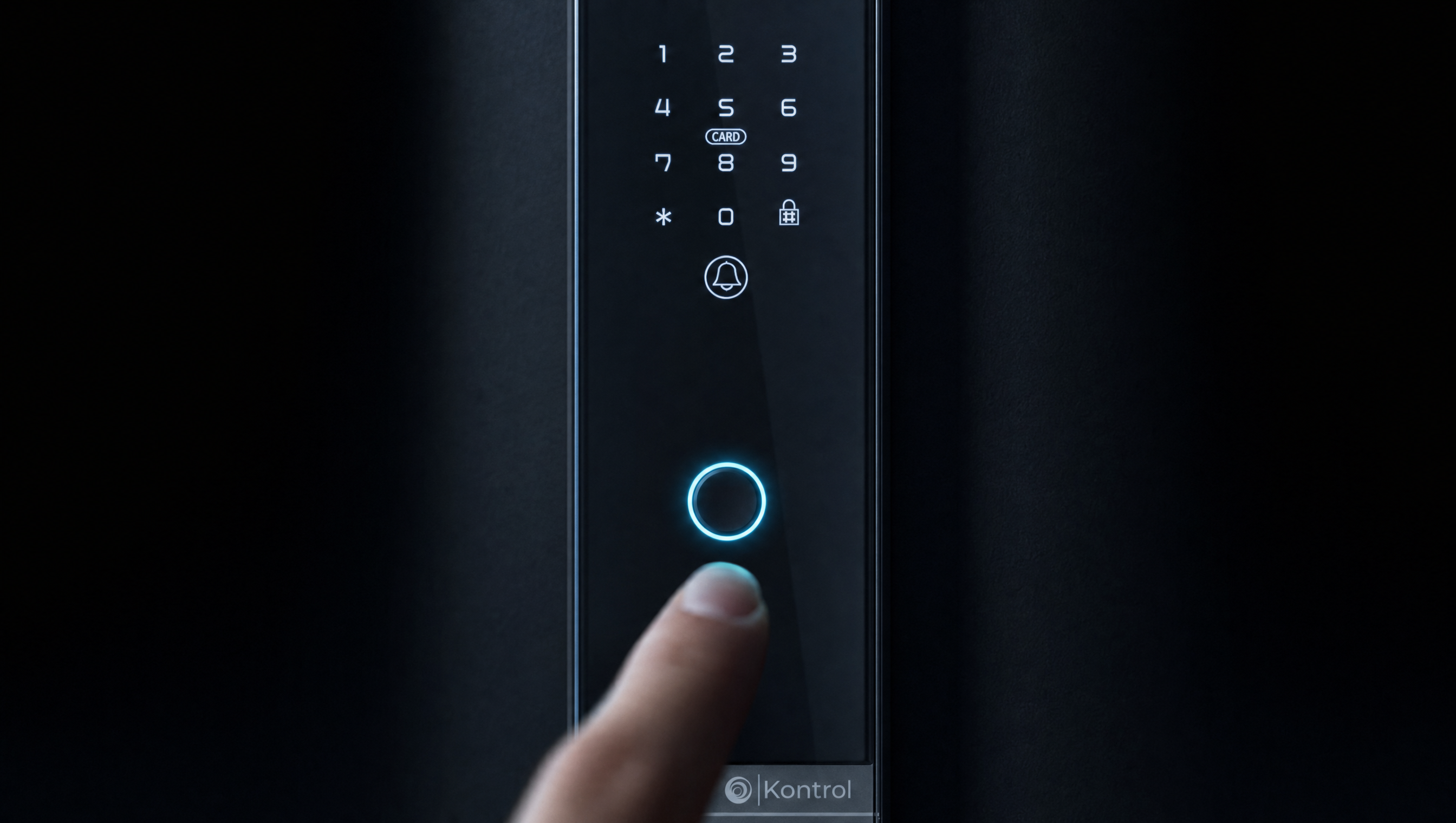 Macro photo: index finger approaching the cyan-glowing capacitive sensor on the Kontrol ZERO handle, motion-blurred fingertip with sensor in sharp focus. Studio low-light, periwinkle bloom on the sensor LED.