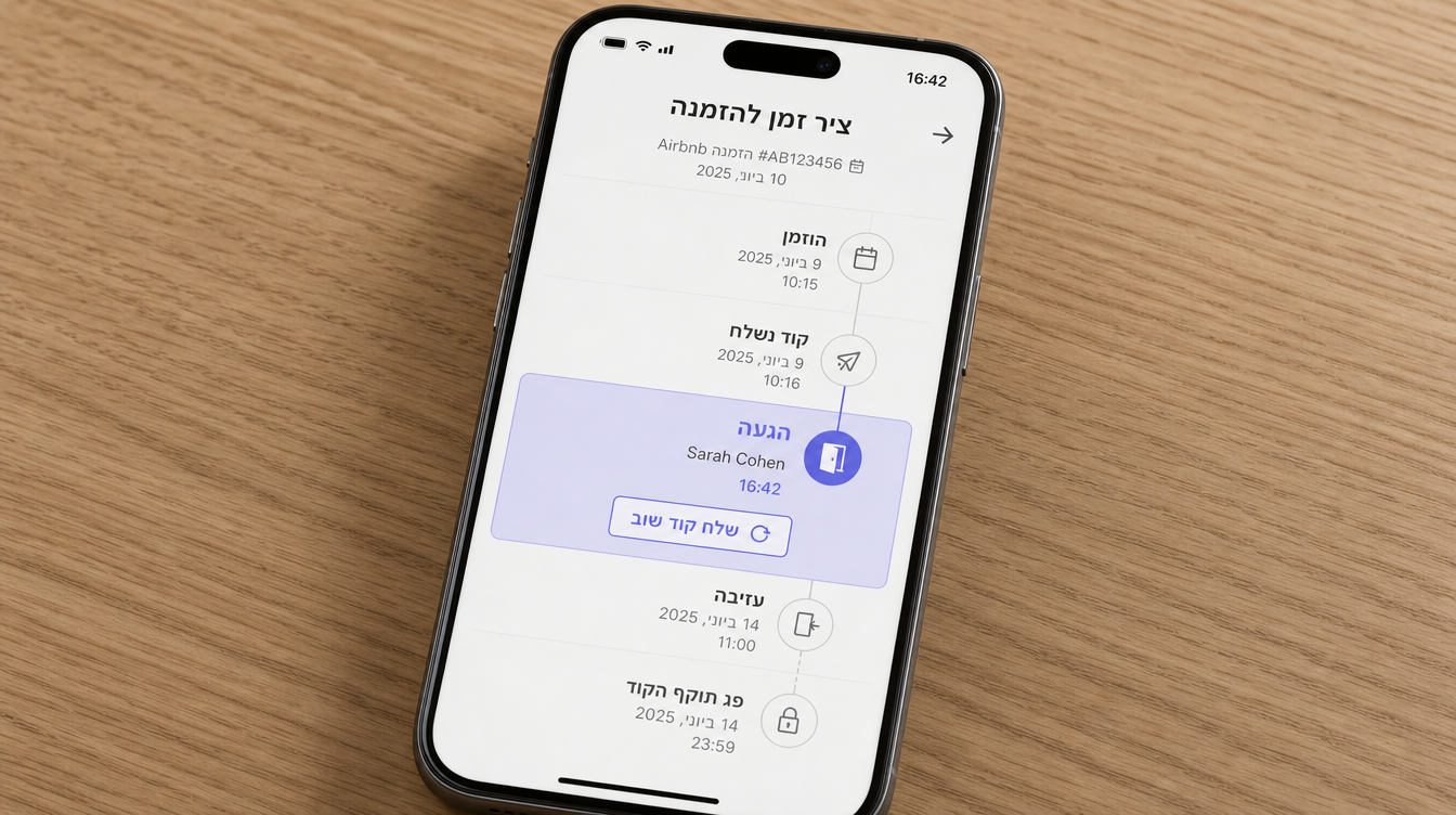 Phone screen mockup of the Kontrol app showing a 'booking timeline' for a single reservation in Hebrew — a vertical list of states (Reserved / Code-Issued / Arrival / Check-out / Code-Expired) with the active state highlighted periwinkle. The current state shows guest name, arrival timestamp, and a 'send code again' button. Engineering-aesthetic UI but warm Hebrew typography.