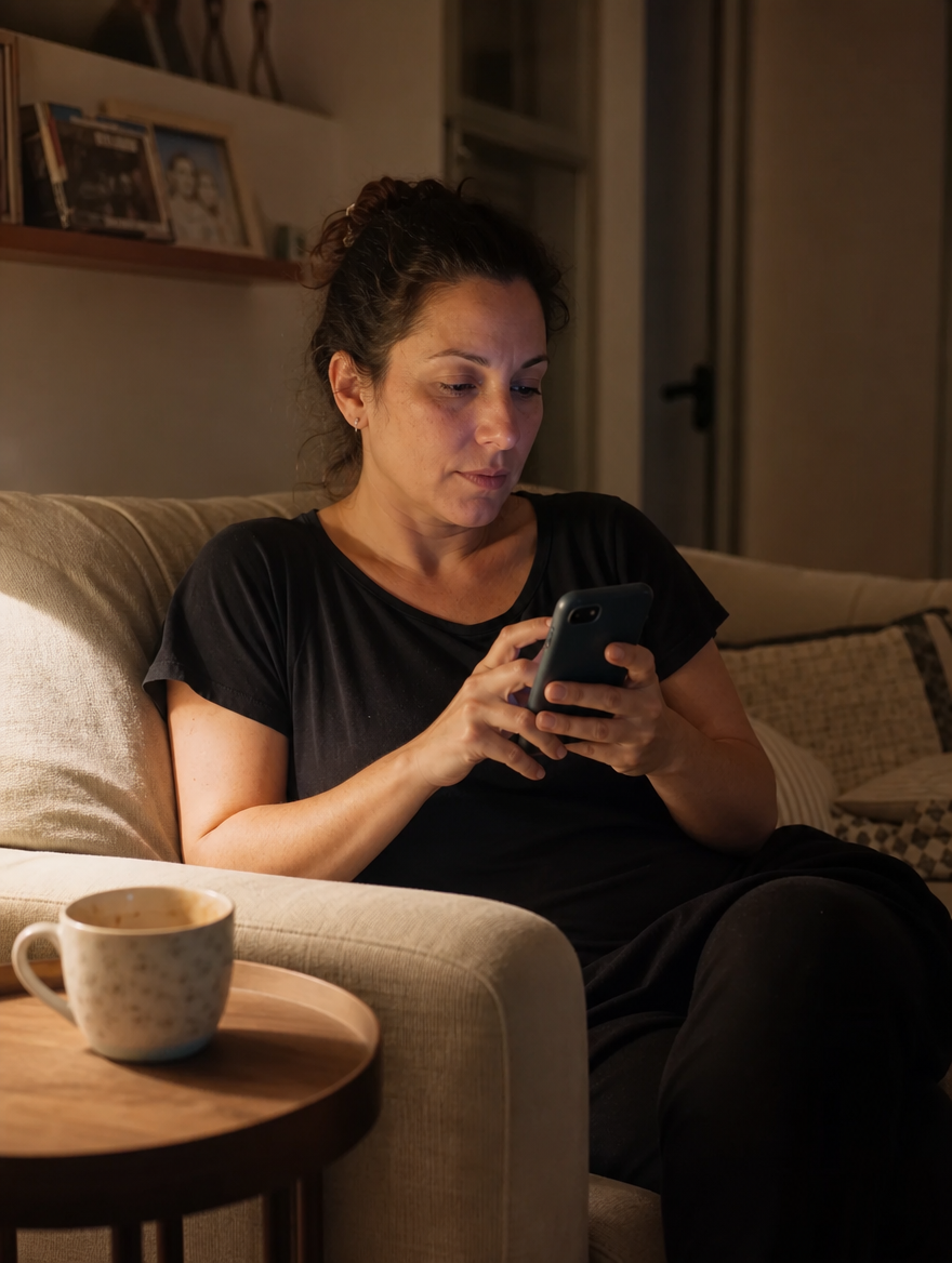 Photo of an Israeli host at home in the evening, looking at their phone with a tired expression — a half-empty coffee cup beside them, soft warm lamp light. Captures the 'it's late and I just want this booking handover handled' feeling. Anti-stock, real.