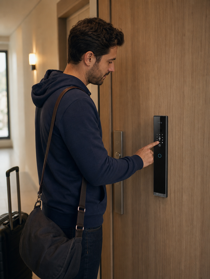 Hero lifestyle: Kontrol ZERO installed on the front door of an Israeli vacation rental — could be a wooden cabin door (north Israel tzimer) or a modern Tel Aviv apartment door. Soft golden-hour light, a small suitcase visible nearby. Aspirational, real.