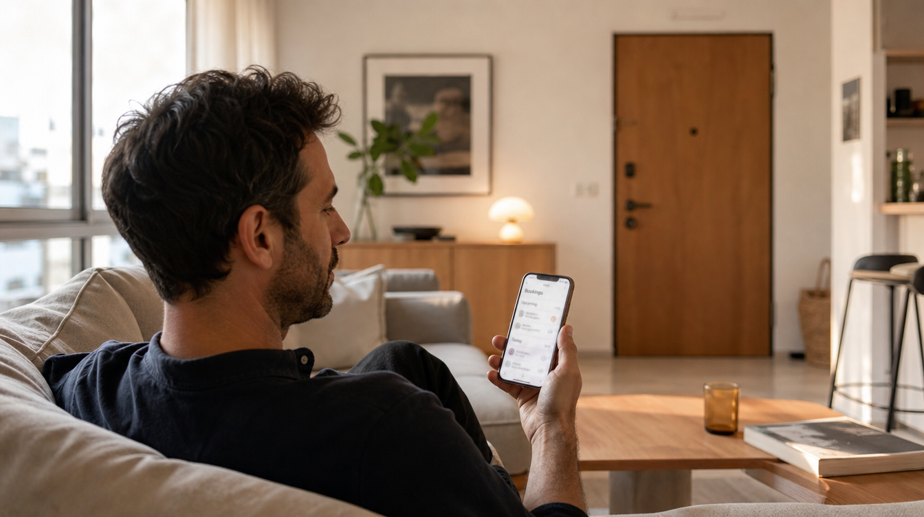 Wide editorial photo: Israeli Airbnb / tzimer host on a couch with phone in hand, calm. The phone screen suggests a booking dashboard but is intentionally soft-focused. Door visible in background. Captures 'I'm not at the property tonight, but the booking is handled.' Warm late-day light.