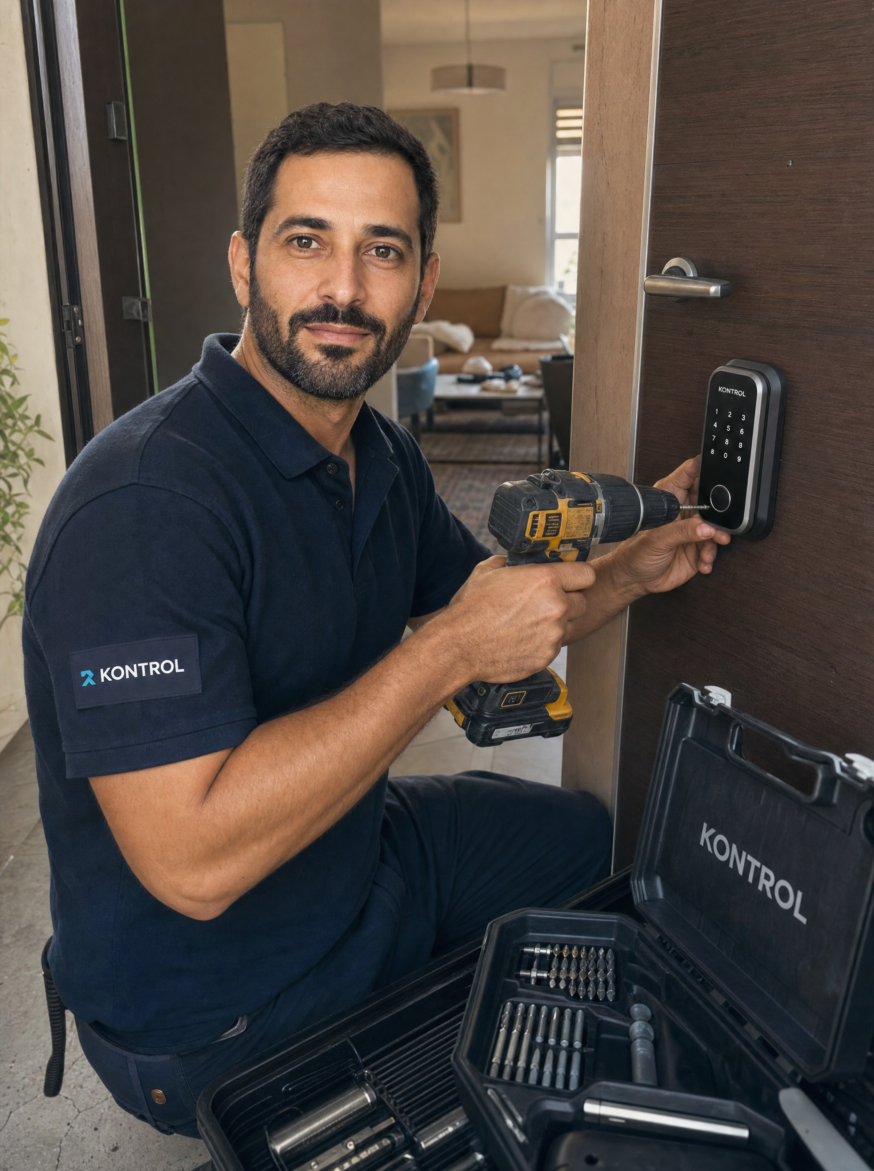 Photo: a 2-person Kontrol install crew at a residential project, end-of-day — both wearing branded shirts, tool belts on, packing up next to a row of completed doors. Israeli construction context. Daylight, candid, professional but tired-good.
