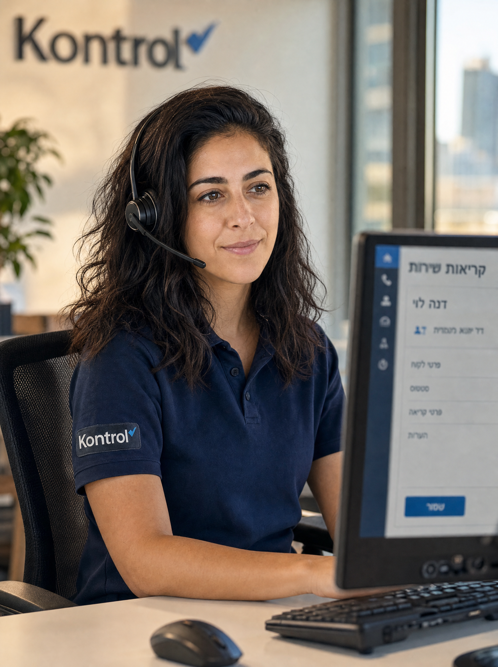 Real photo of a Kontrol Ashdod service-desk agent at their workstation — friendly, headset on, monitor with Hebrew ticket UI in soft focus behind. Daylight, real workwear, candid not staged. Anchors the support-thread voice.