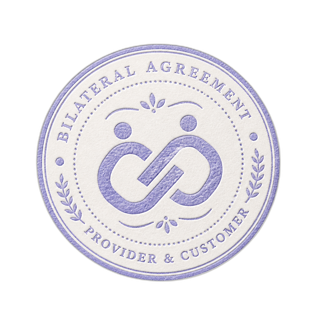 Decorative bilateral-agreement seal — embossed paper-effect circle showing two interlocking marks (provider + customer), periwinkle ink-stamp aesthetic. English-only ornamentation, no Hebrew text.