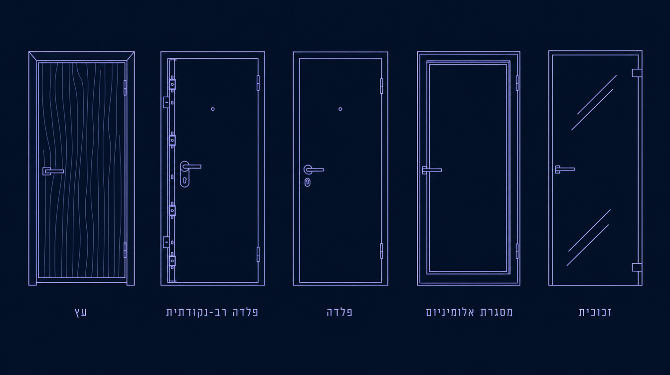 Five Israeli entrance door silhouettes lined up — wood, multipoint steel, regular steel, aluminum frame, glass — flat illustration, periwinkle outline, English-only labels.