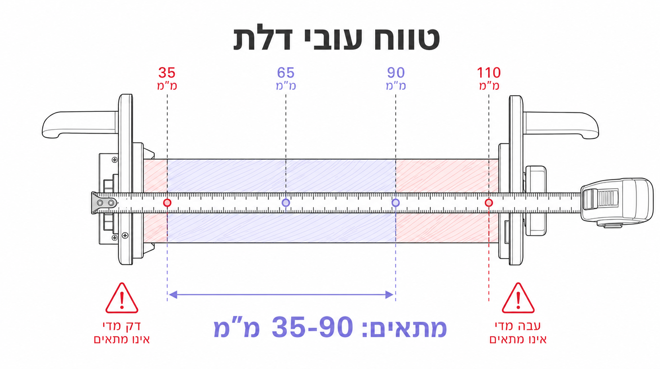 Engineering side-view of an Israeli entrance door with a measuring tape laid across its thickness, callouts at 35 / 65 / 90 / 110 mm. Flat technical drawing, periwinkle highlights, English-only labels.