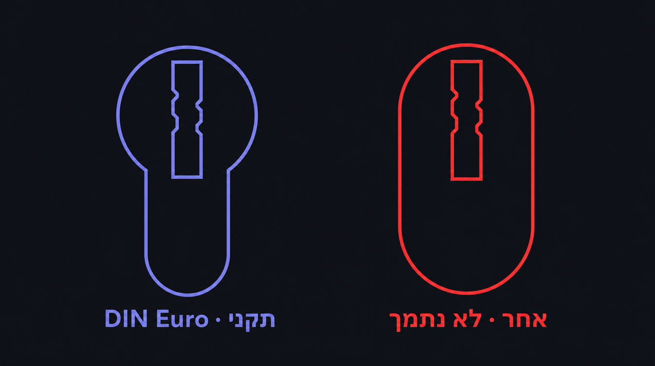 Two cylinder profile silhouettes side by side — DIN Euro on the left (the standard), a non-standard oval/oblong on the right — flat technical drawing, periwinkle accent on the DIN profile, English-only labels.