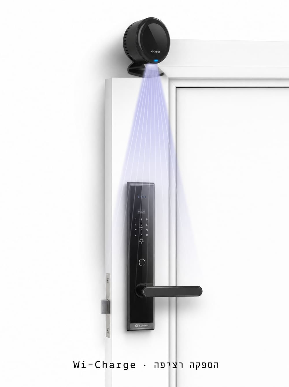 תרשים טכני של Wi-Charge — משדר תקרתי שמעביר אנרגיה אלחוטית למקלט במנעול Kontrol ZERO
