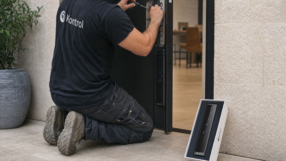Kontrol installer at a Hebrew front door — kneeling, removing the old smart lock plate, with the new Kontrol ZERO box on the floor beside him. Warm natural light, hands-on work shot, no faces required.