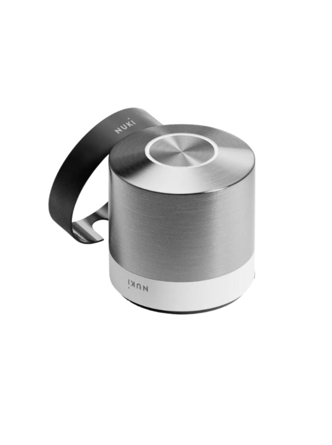 Nuki Smart Lock — תצלום מוצר על רקע אפור נייטרלי, זווית 3/4 מקדימה