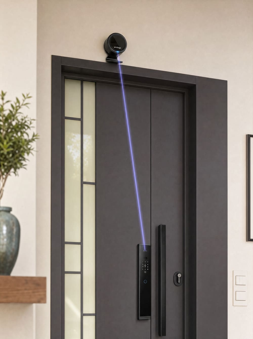 משדר Wi-Charge מותקן מעל דלת כניסה ישראלית — קרן אינפרא-אדומה מגיעה למנעול Kontrol ZERO