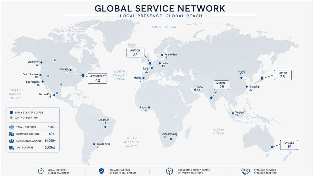 World map showing Samsung global service-network presence — dotted nodes, neutral cartographic style, conveying logistics reach.