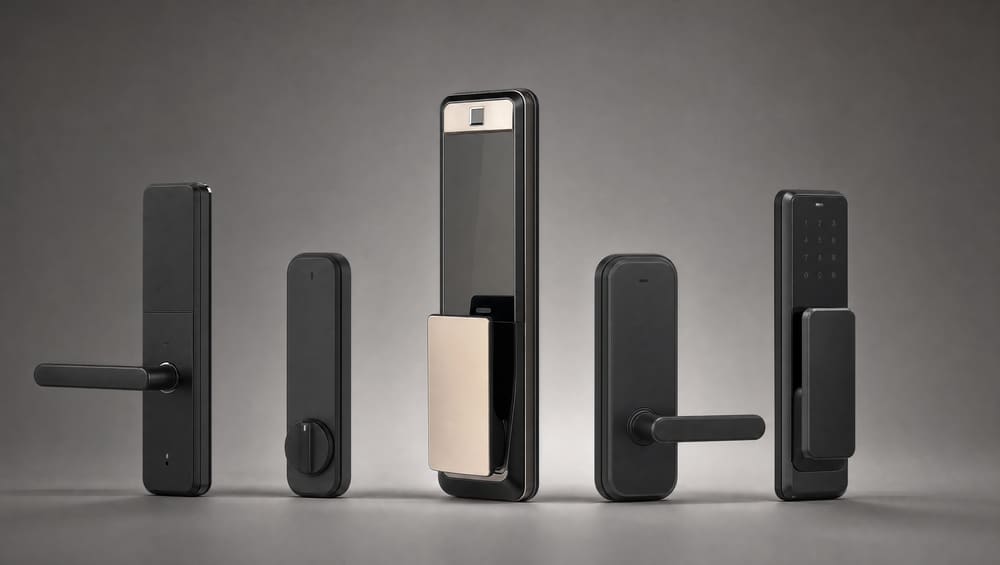 Samsung SHS smart-lock product photography on neutral grey backdrop, multiple models in catalog grid. Respectful, museum-style lighting.