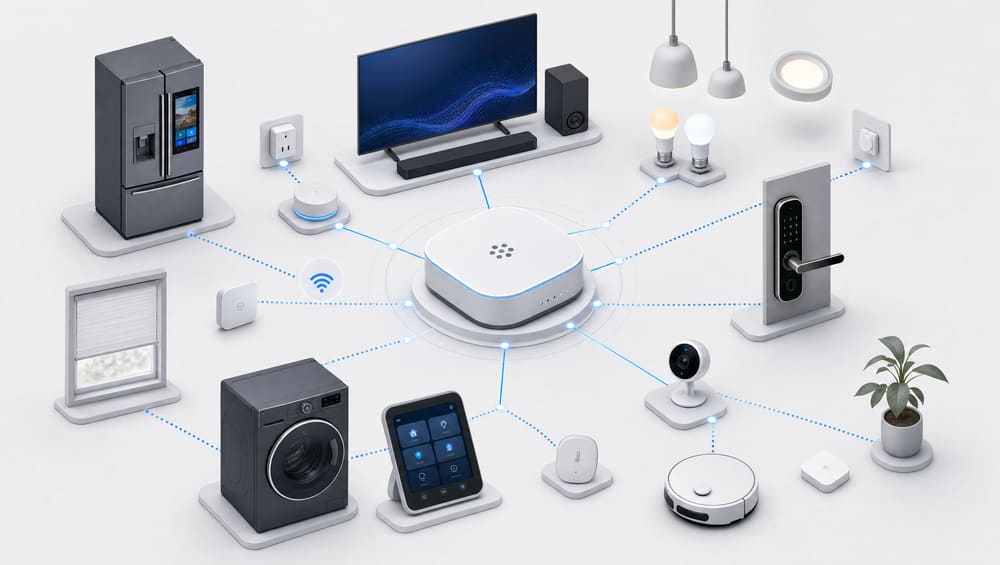 SmartThings hub illustration with Samsung devices networked — fridge, TV, lock, lights — clean isometric icons, conveying ecosystem breadth.