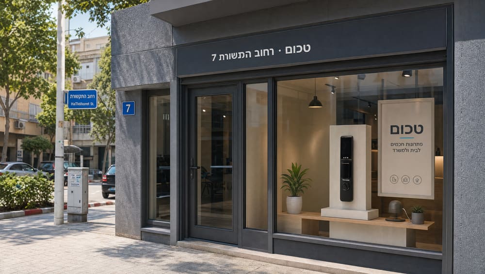 חזית הסניף של Techom ברח׳ התקשורת 7 באשדוד — כניסה לחלל שירות מקומי באור יום ישראלי