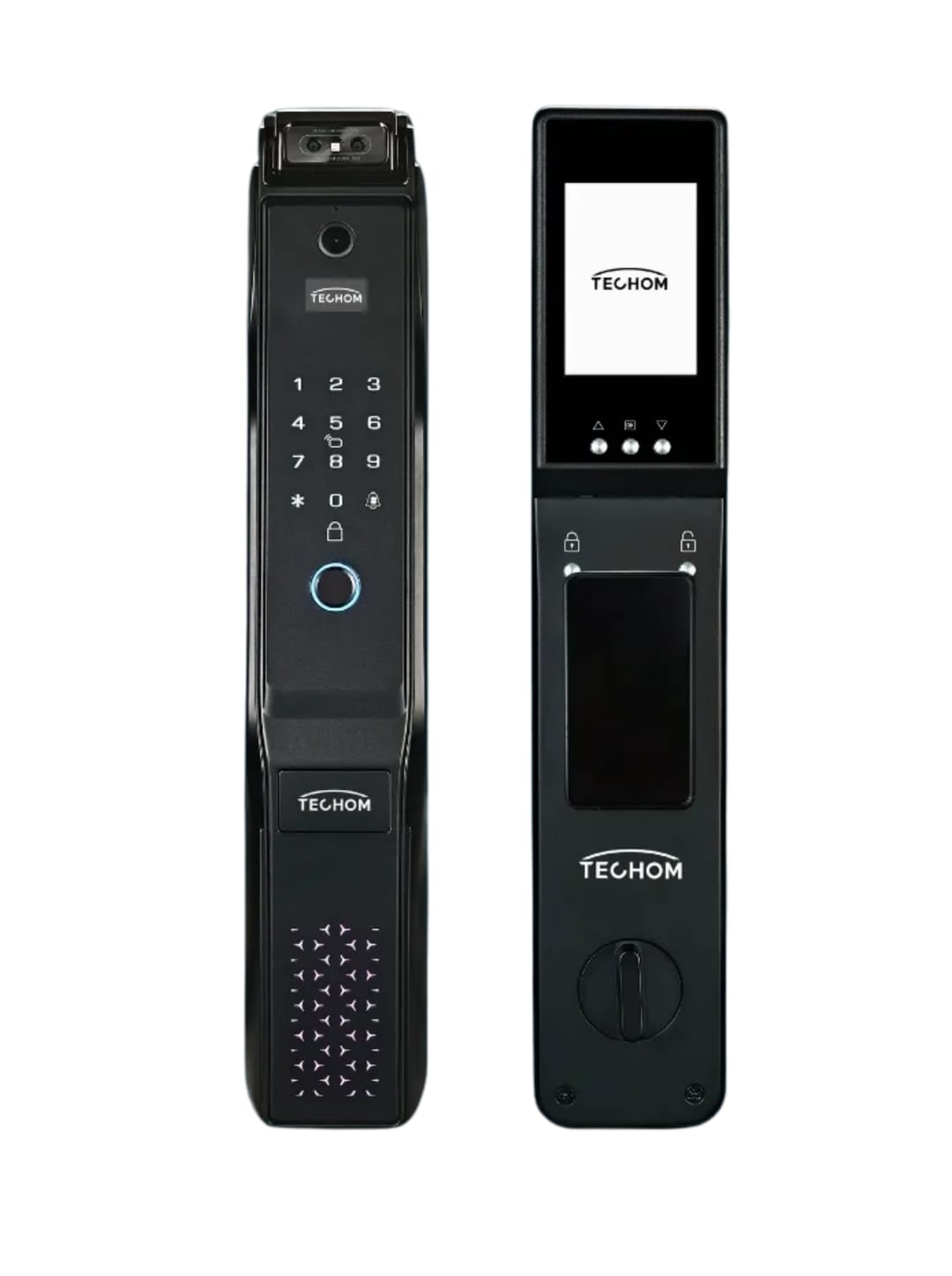 Techom Premium מנעול חכם — תצלום מוצר על רקע אפור נייטרלי, זווית 3/4