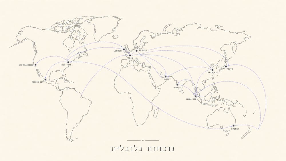מפת עולם מינימליסטית המסמנת את הנוכחות הגלובלית של Yale בעשרות מדינות